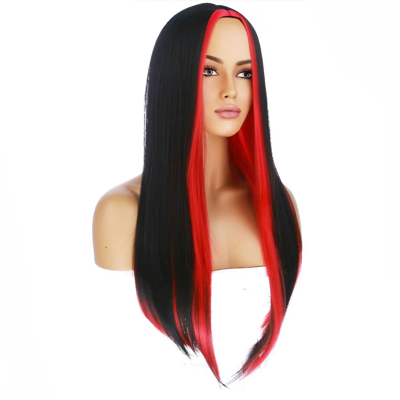 BERON Red Black Long Wig for Women Straight Charming Girls Costume Hair Wigs Heat Resistant Synthetic for Cosplay Party or Daily Use Wig