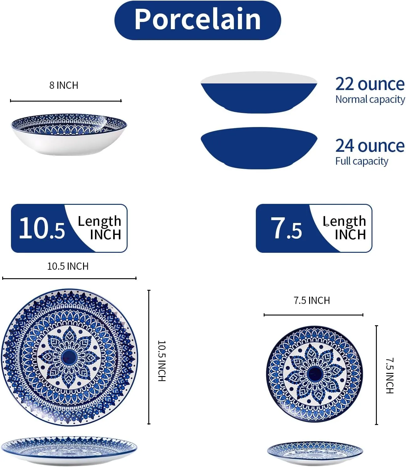Bestone Ceramic 12-Pieces Dinnerware Sets, Ceramic Dish Plates and Bowls Sets, Dishes Set for 4, Dinner Salad Dessert Plates, and Cereal Bowls Set, Gift,Vintage Blue