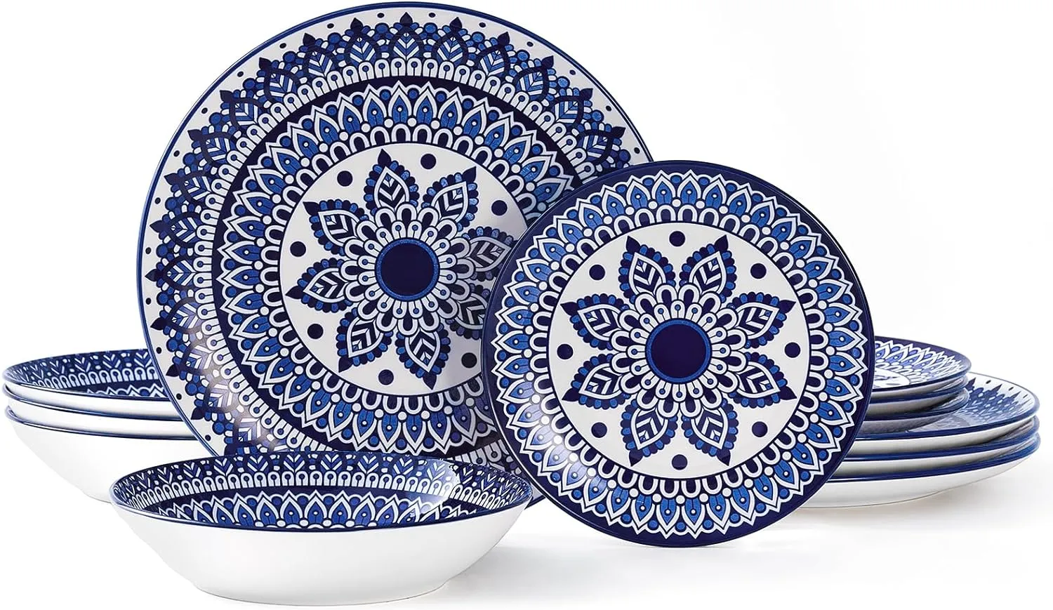 Bestone Ceramic 12-Pieces Dinnerware Sets, Ceramic Dish Plates and Bowls Sets, Dishes Set for 4, Dinner Salad Dessert Plates, and Cereal Bowls Set, Gift,Vintage Blue