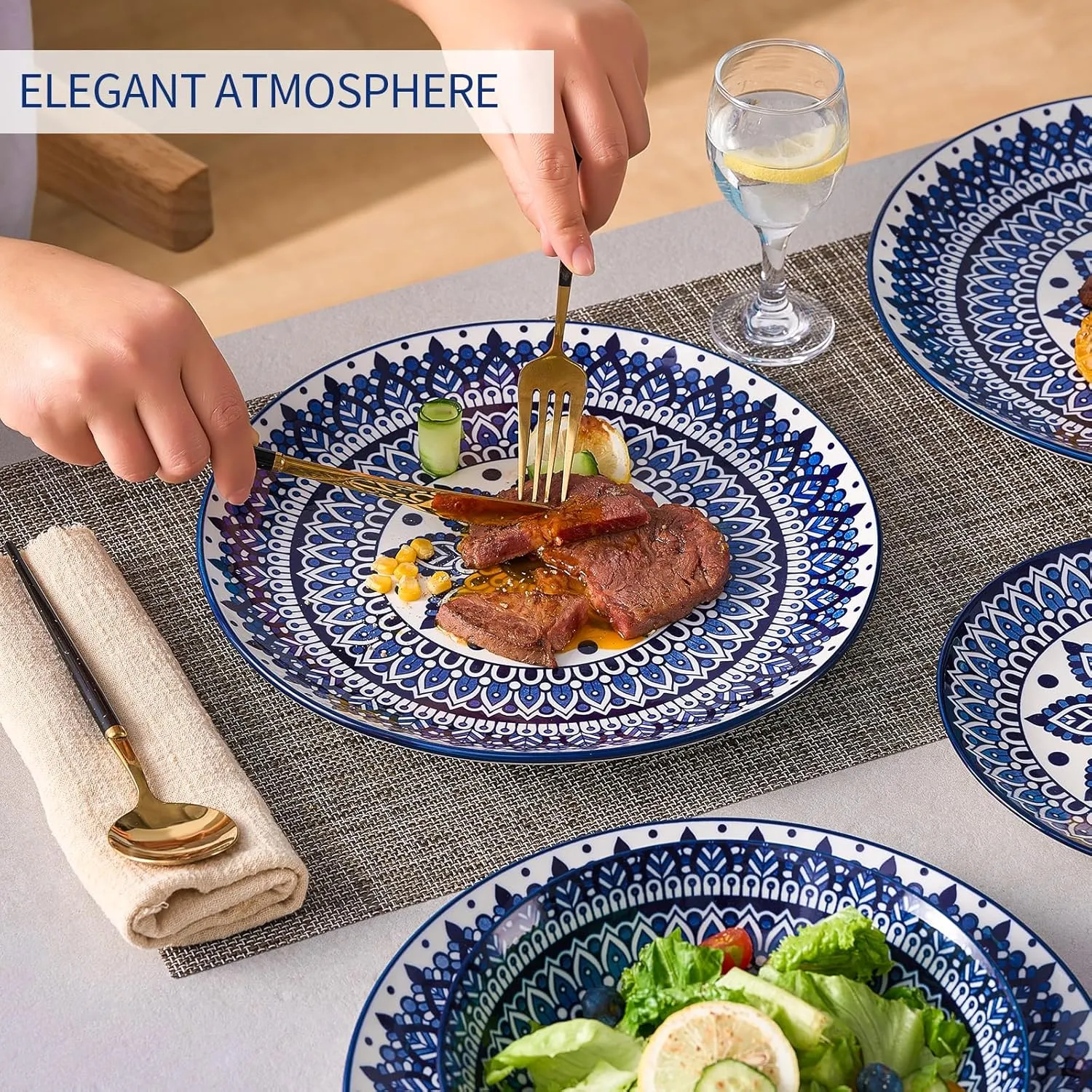 Bestone Ceramic 12-Pieces Dinnerware Sets, Ceramic Dish Plates and Bowls Sets, Dishes Set for 4, Dinner Salad Dessert Plates, and Cereal Bowls Set, Gift,Vintage Blue