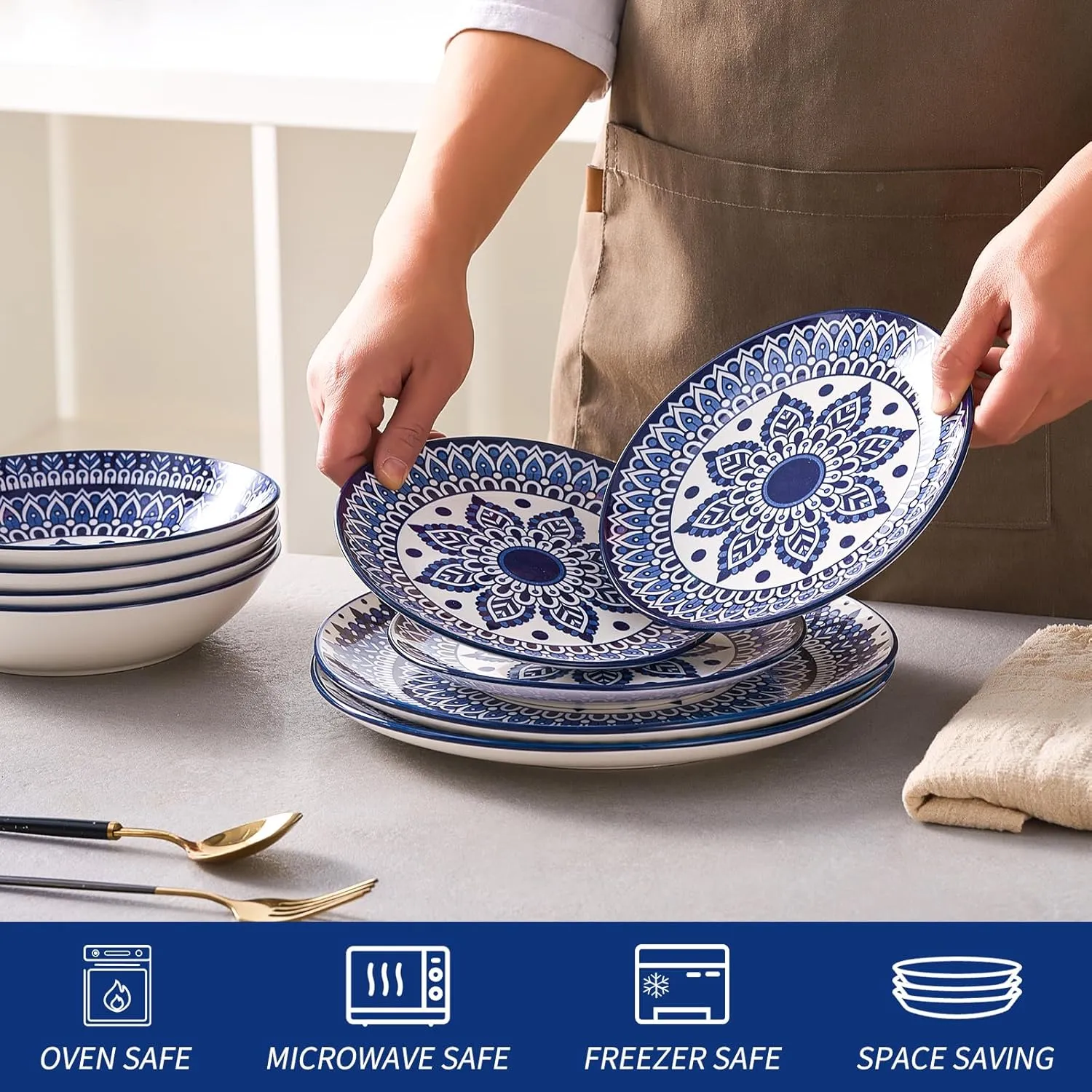 Bestone Ceramic 12-Pieces Dinnerware Sets, Ceramic Dish Plates and Bowls Sets, Dishes Set for 4, Dinner Salad Dessert Plates, and Cereal Bowls Set, Gift,Vintage Blue