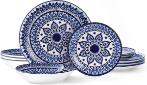 Bestone Ceramic 12-Pieces Dinnerware Sets, Ceramic Dish Plates and Bowls Sets, Dishes Set for 4, Dinner Salad Dessert Plates, and Cereal Bowls Set, Gift,Vintage Blue
