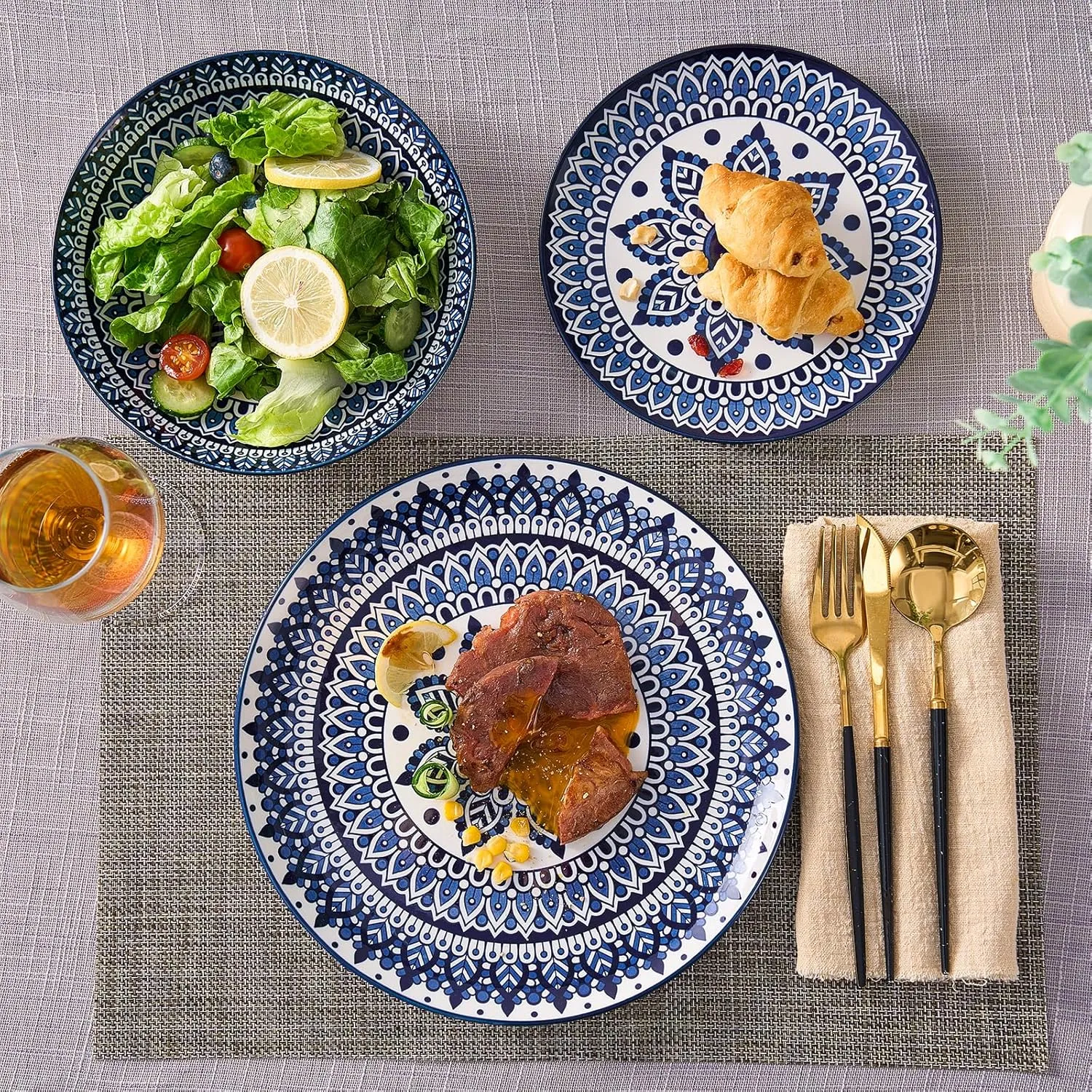 Bestone Ceramic 12-Pieces Dinnerware Sets, Ceramic Dish Plates and Bowls Sets, Dishes Set for 4, Dinner Salad Dessert Plates, and Cereal Bowls Set, Gift,Vintage Blue