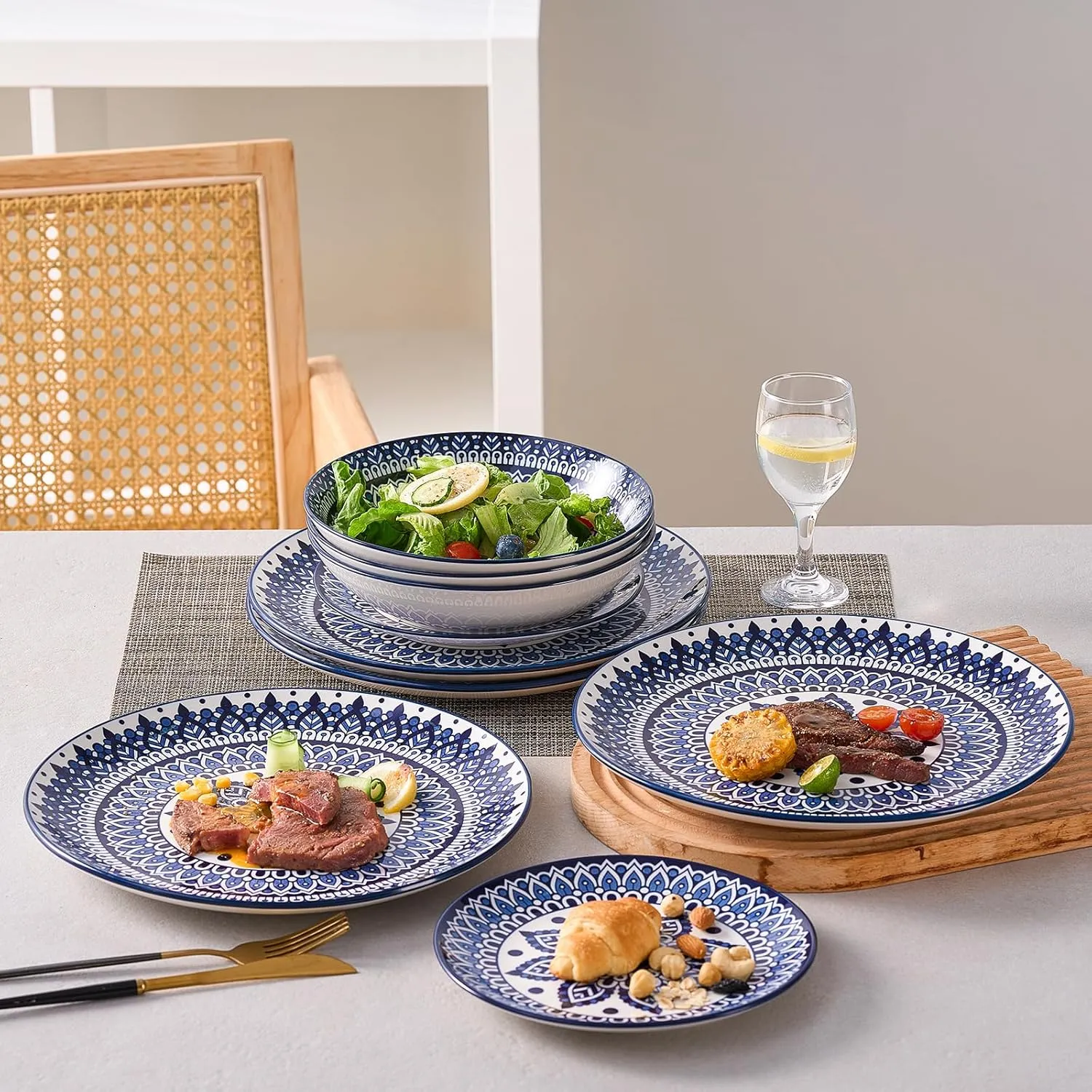 Bestone Ceramic 12-Pieces Dinnerware Sets, Ceramic Dish Plates and Bowls Sets, Dishes Set for 4, Dinner Salad Dessert Plates, and Cereal Bowls Set, Gift,Vintage Blue