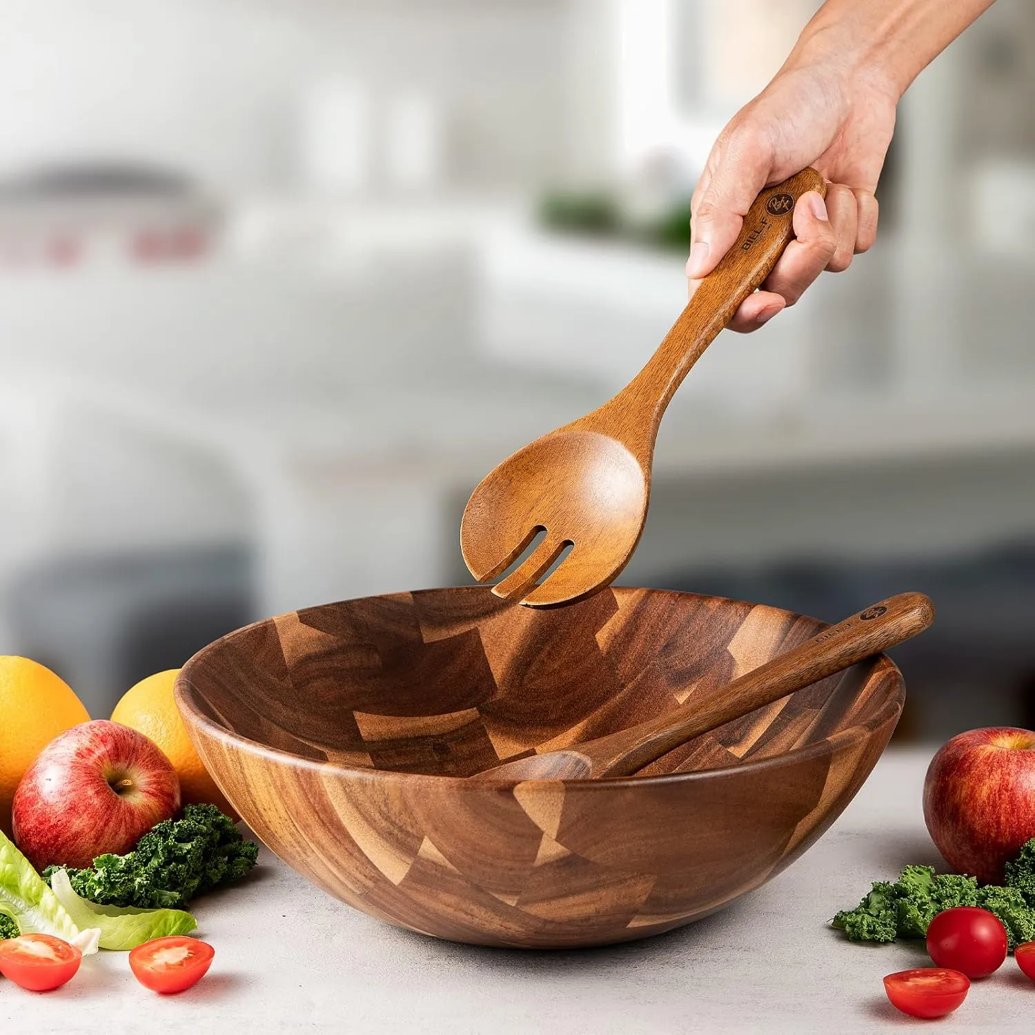 BF BILL.F SINCE 1983 Wooden Salad Bowl 12'' Acacia Wood Salad Bowls Set Large Salad Serving Bowl for Fruits Mixing Bowl with Servers-3-Piece Big Salad Bowl Set