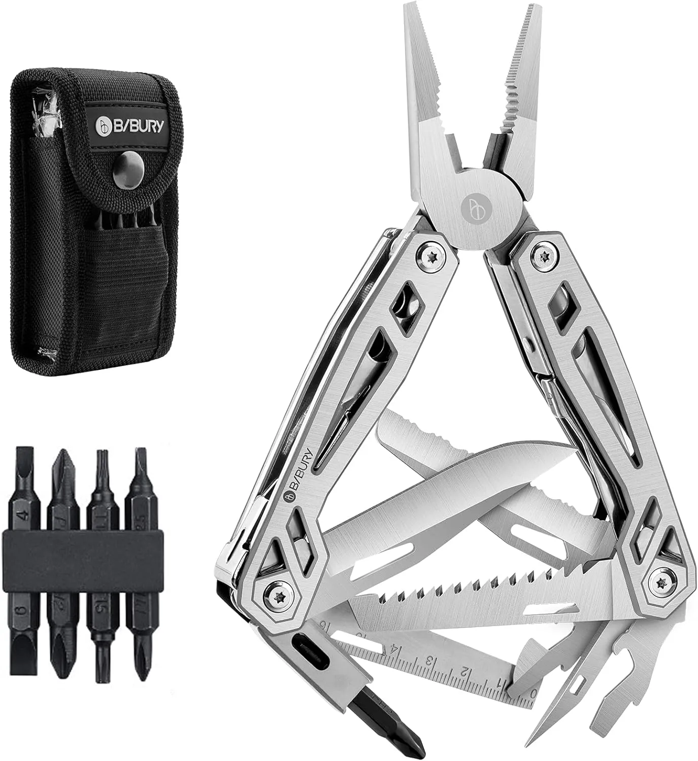 BIBURY 21-in-1 Multitool Pliers, Multi-Purpose Pocket Knife Pliers with Screwdriver Sleeve, 420 Foldable Stainless Steel Safety Locking Design Multi-tool for Survival, Camping, Fishing and Home Repair
