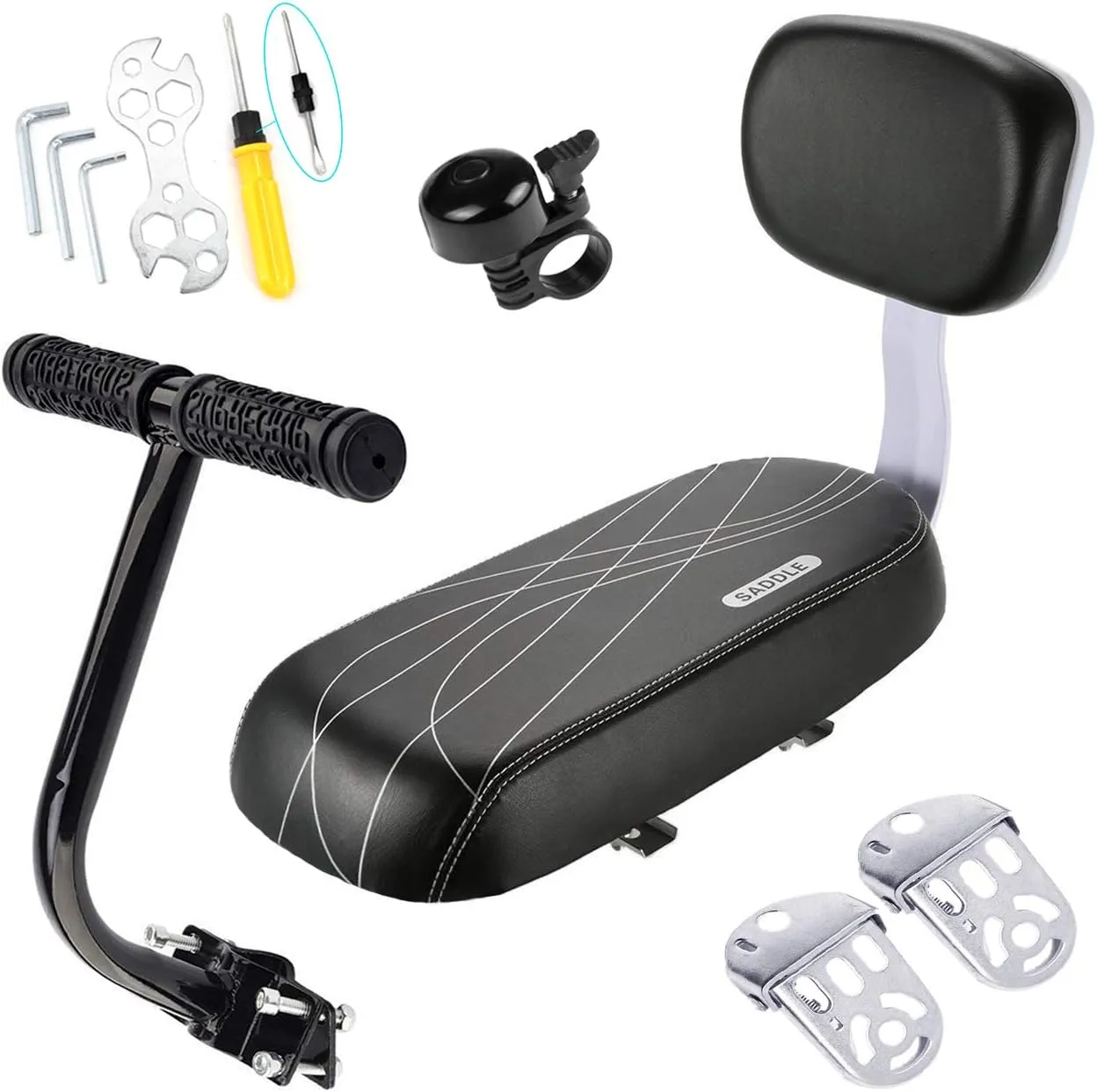 Bike Child Seat Kit, Included Bike Rear Seat Cushion with Safety Cycling Backrest   Backseat Armrest Handrail   Foldable Hidden Bicycle Footrests   Universal Handlebar Bell   Installing Tools