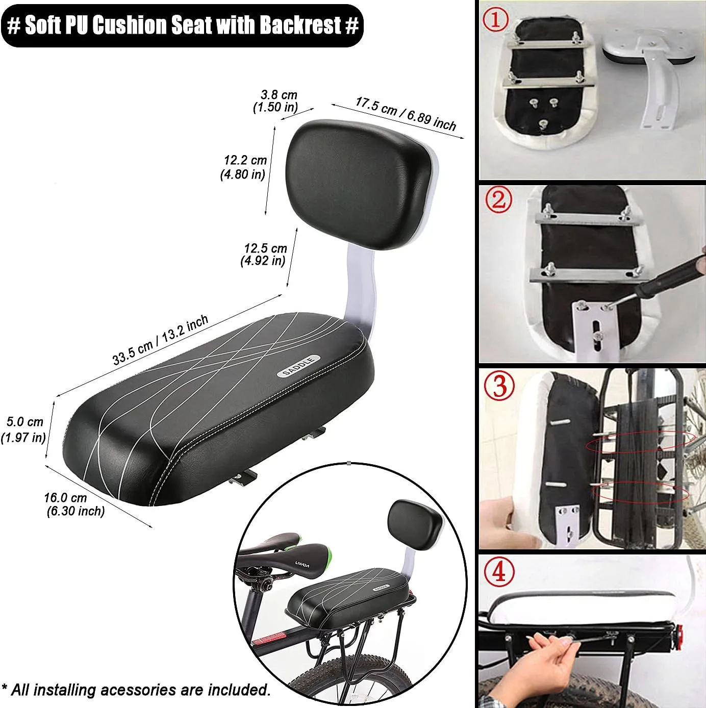 Bike Child Seat Kit, Included Bike Rear Seat Cushion with Safety Cycling Backrest   Backseat Armrest Handrail   Foldable Hidden Bicycle Footrests   Universal Handlebar Bell   Installing Tools