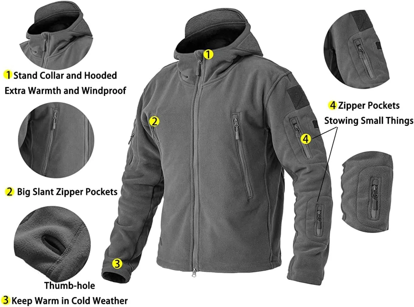 BIYLACLESEN Men's Winter Fleece Jackets Hooded Warm Military Tactical Coats Sport Outdoor Fleece Jacket Coats