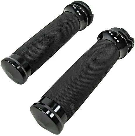 Black Billet Aluminum w/KNURLED Rubber Cushion 1" Motorcycle Grips for Single/Dual External Throttle Cable Harley Sportster, Softail, Dyna, FXR, FX/FL & Touring Models (NOT TBW Models) - Made in USA