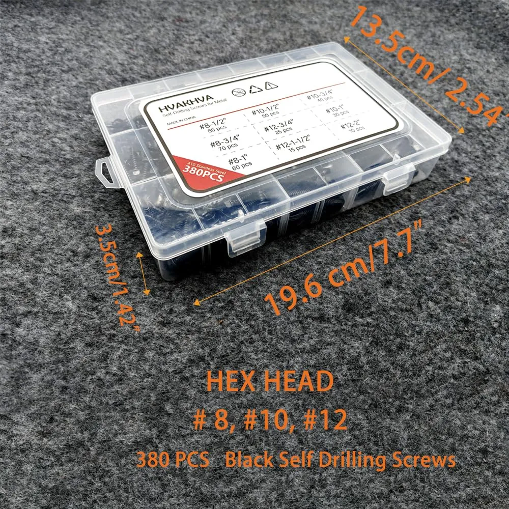 Black Self Tapping TEK Screws Assortment,410 Stainless Steel #8#10#12 Hex Head Self Drilling Screws for Metal