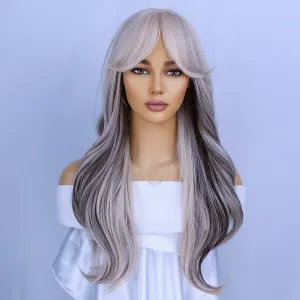 Blonde Mixed Brown Wigs With Bangs Long Curly Wavy Hair Wig for Women With Bangs Blonde Wig Heat Resistant Synthetic Hair Wigs for Daily Use Cosplay Wig With wig Cap