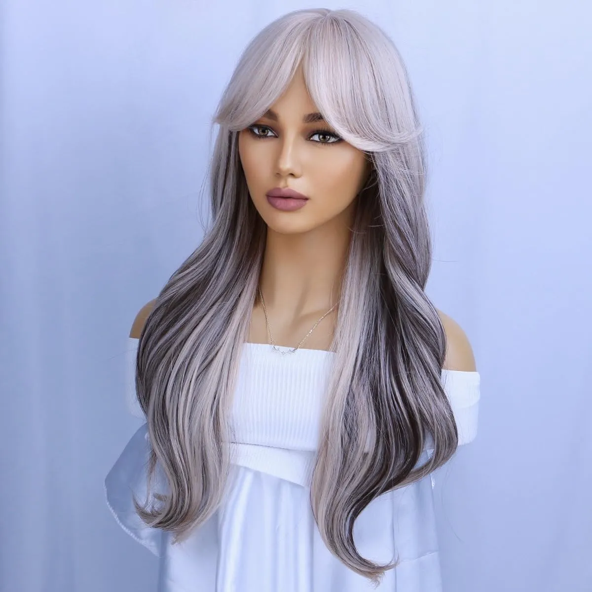 Blonde Mixed Brown Wigs With Bangs Long Curly Wavy Hair Wig for Women With Bangs Blonde Wig Heat Resistant Synthetic Hair Wigs for Daily Use Cosplay Wig With wig Cap