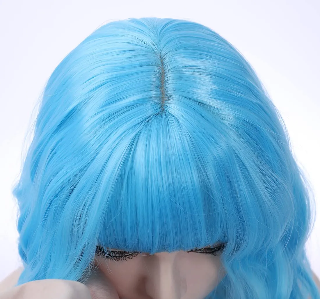 Blue Wig for Women Short Wavy Sky Blue Bob Wig with Bangs Women Girls Heat Resistant Synthetic Wigs