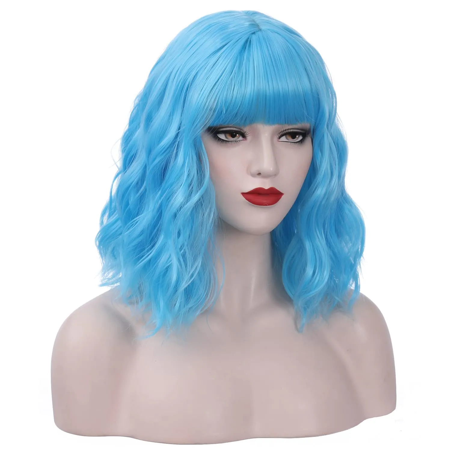 Blue Wig for Women Short Wavy Sky Blue Bob Wig with Bangs Women Girls Heat Resistant Synthetic Wigs