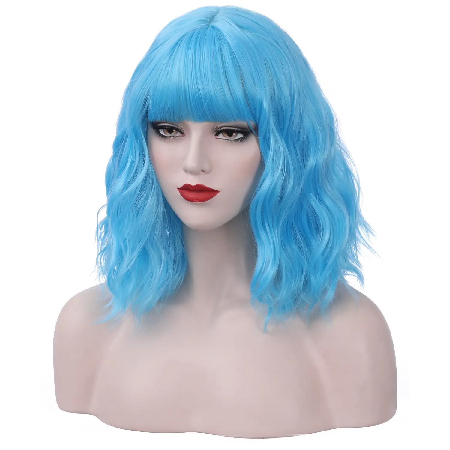 Blue Wig for Women Short Wavy Sky Blue Bob Wig with Bangs Women Girls Heat Resistant Synthetic Wigs