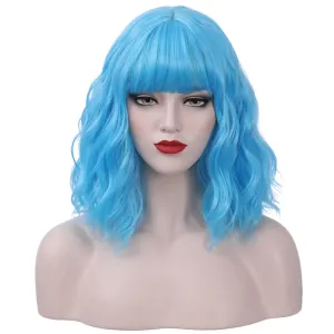 Blue Wig for Women Short Wavy Sky Blue Bob Wig with Bangs Women Girls Heat Resistant Synthetic Wigs