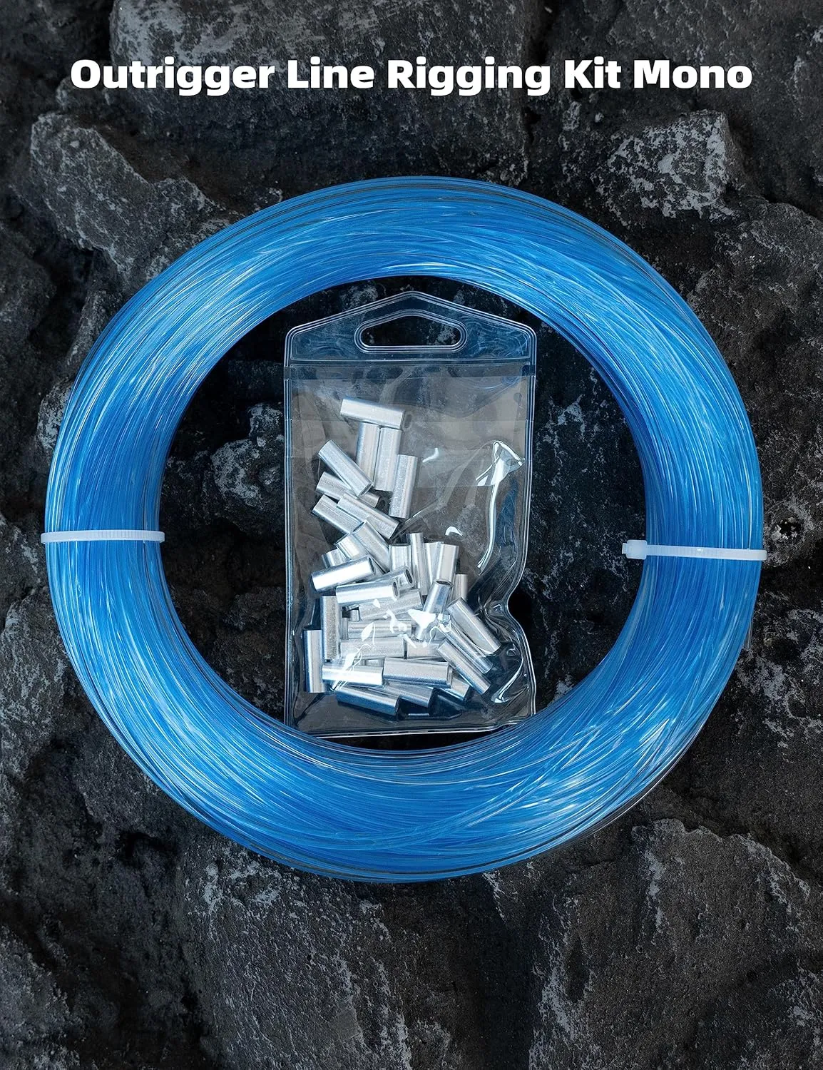 BLUEWING 50/100yd Outrigger Line Rigging Kit Mono with 20pcs/40pcs Aluminum Sleeve Crimps and 1.9mm 400LB Test Monofilament Fishing