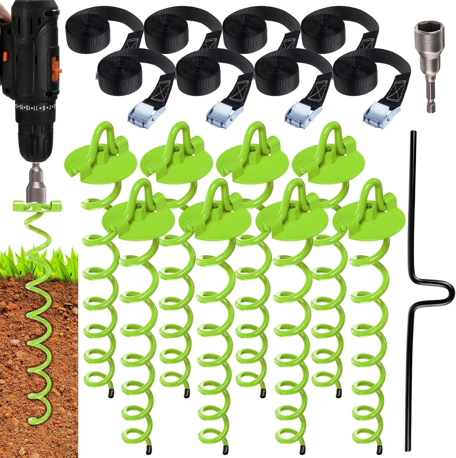 Blulu 8 Sets Spiral Ground Anchor 16 Inch Trampoline Anchors Spiral Stakes Stakes Screw in Ground Heavy Duty Anchor Kit for Trampoline,securing Dogs, Tents, Canopies, Car Ports, Swing(Green)