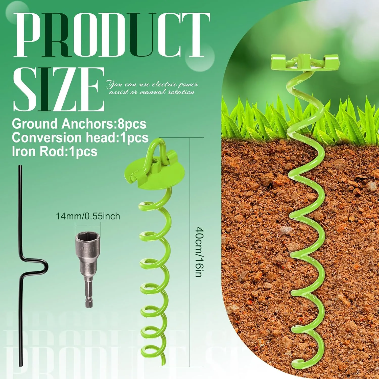Blulu 8 Sets Spiral Ground Anchor 16 Inch Trampoline Anchors Spiral Stakes Stakes Screw in Ground Heavy Duty Anchor Kit for Trampoline,securing Dogs, Tents, Canopies, Car Ports, Swing(Green)
