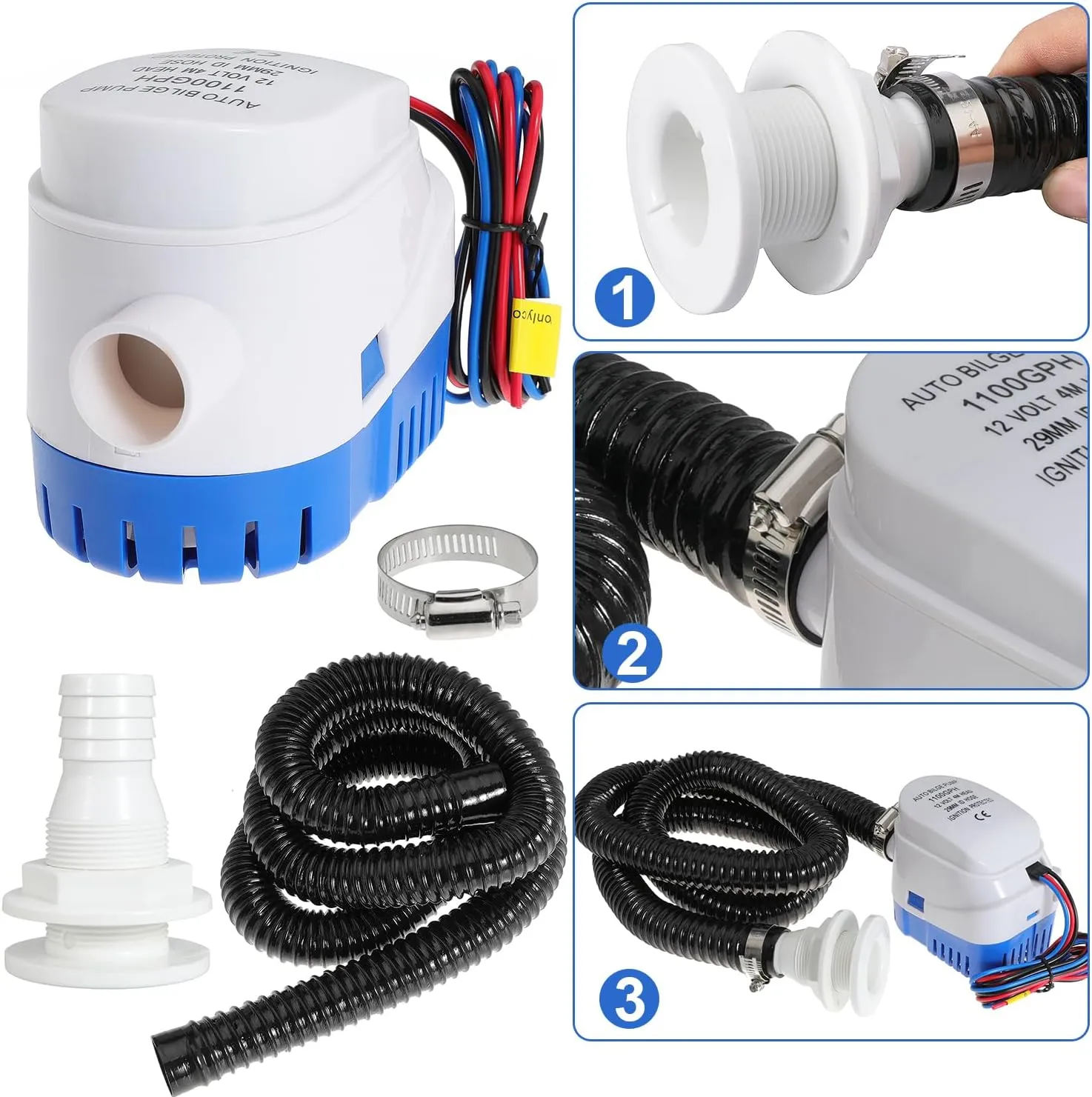 Boat Bilge Plumbing Kit 1-1/8 Inch Dia 12V Automatic Bilge Pump kit 1100 GPH with 6FT PVC Bilge Pump Hose (Automatic Pump)