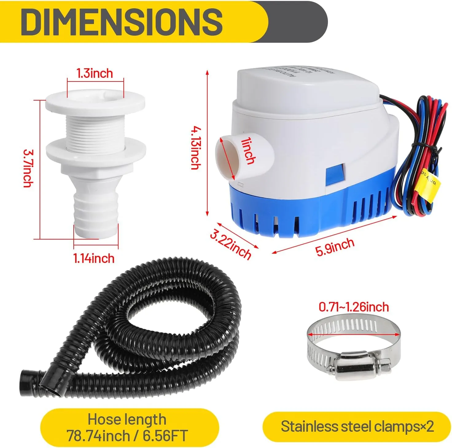 Boat Bilge Plumbing Kit 1-1/8 Inch Dia 12V Automatic Bilge Pump kit 1100 GPH with 6FT PVC Bilge Pump Hose (Automatic Pump)