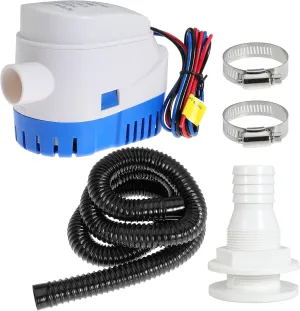 Boat Bilge Plumbing Kit 1-1/8 Inch Dia 12V Automatic Bilge Pump kit 1100 GPH with 6FT PVC Bilge Pump Hose (Automatic Pump)