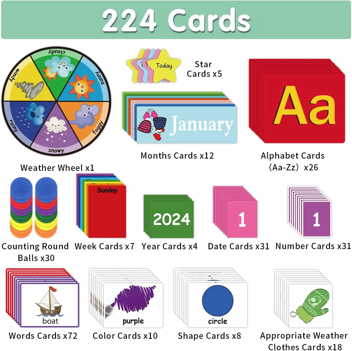 Boczif Circle Time Learning Center Pocket Chart for Classroom, Educational Teaching Materials Learning Calendar Weather Number Counting Letter Color Shape Wording Rhyme Pictures