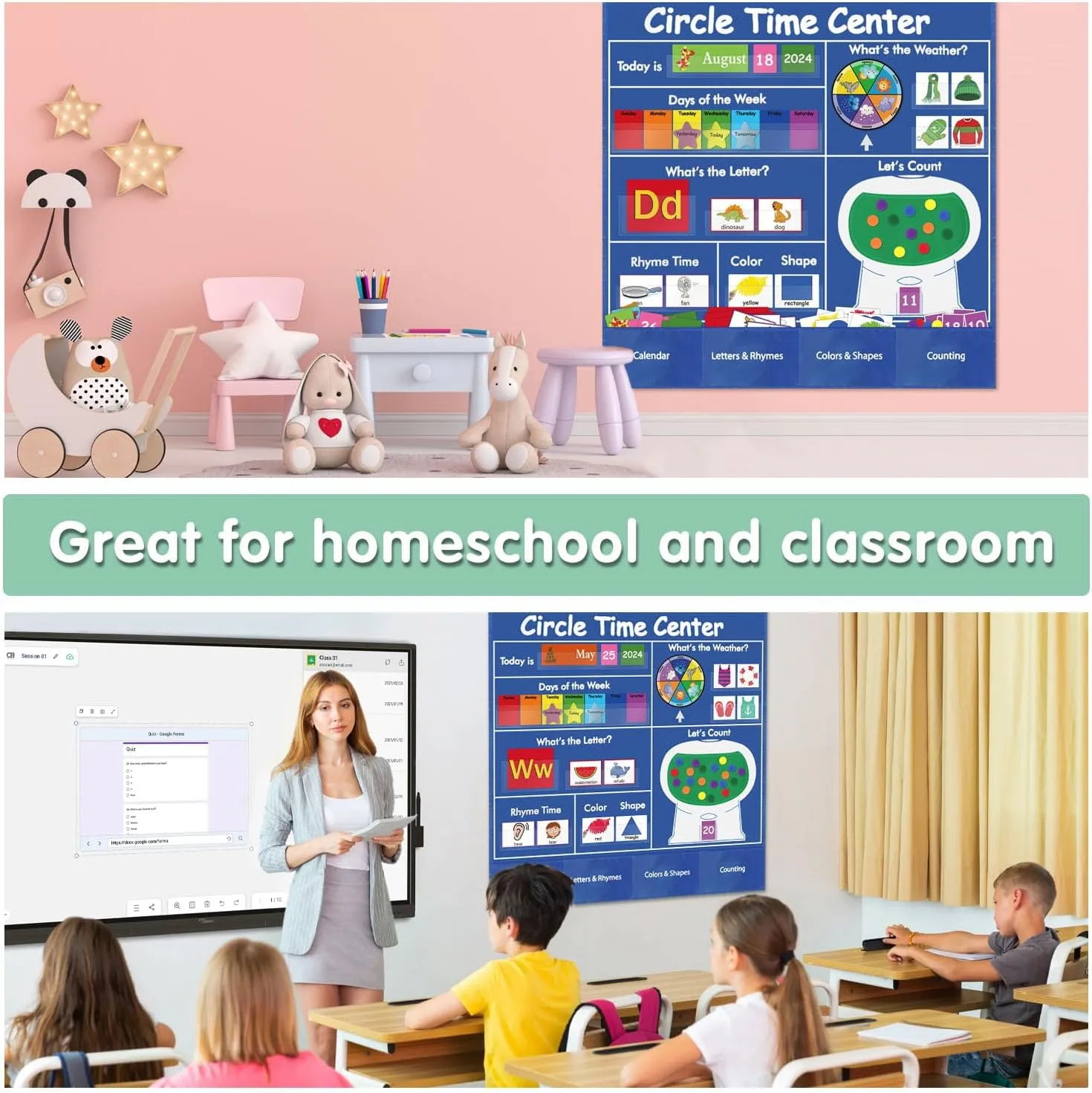 Boczif Circle Time Learning Center Pocket Chart for Classroom, Educational Teaching Materials Learning Calendar Weather Number Counting Letter Color Shape Wording Rhyme Pictures