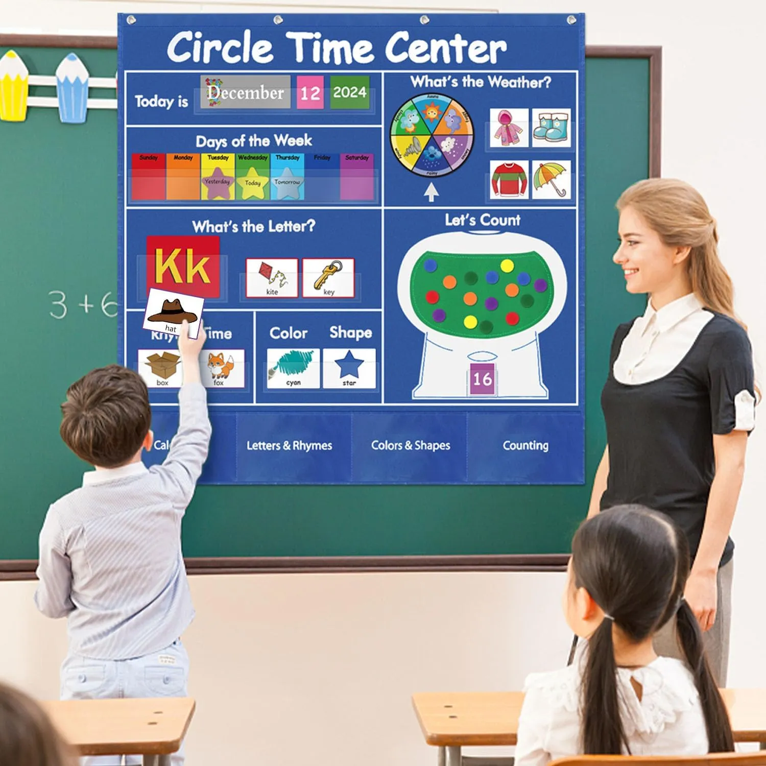 Boczif Circle Time Learning Center Pocket Chart for Classroom, Educational Teaching Materials Learning Calendar Weather Number Counting Letter Color Shape Wording Rhyme Pictures