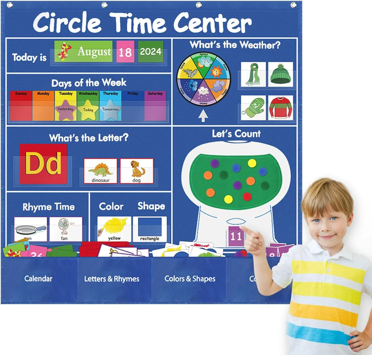 Boczif Circle Time Learning Center Pocket Chart for Classroom, Educational Teaching Materials Learning Calendar Weather Number Counting Letter Color Shape Wording Rhyme Pictures