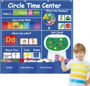 Boczif Circle Time Learning Center Pocket Chart for Classroom, Educational Teaching Materials Learning Calendar Weather Number Counting Letter Color Shape Wording Rhyme Pictures