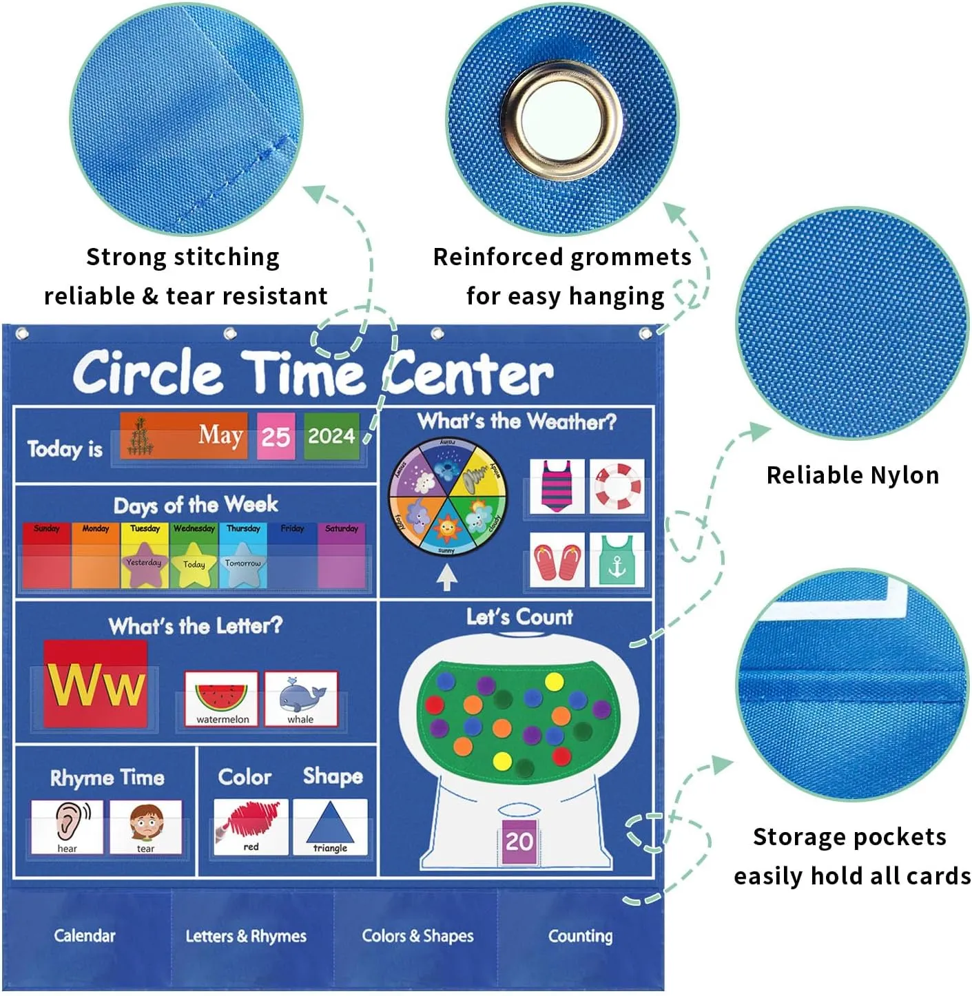 Boczif Circle Time Learning Center Pocket Chart for Classroom, Educational Teaching Materials Learning Calendar Weather Number Counting Letter Color Shape Wording Rhyme Pictures