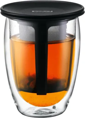 Bodum 12oz Tea Strainer w/ Lid, Double Wall, High-Heat Borosilicate Glass, Black
