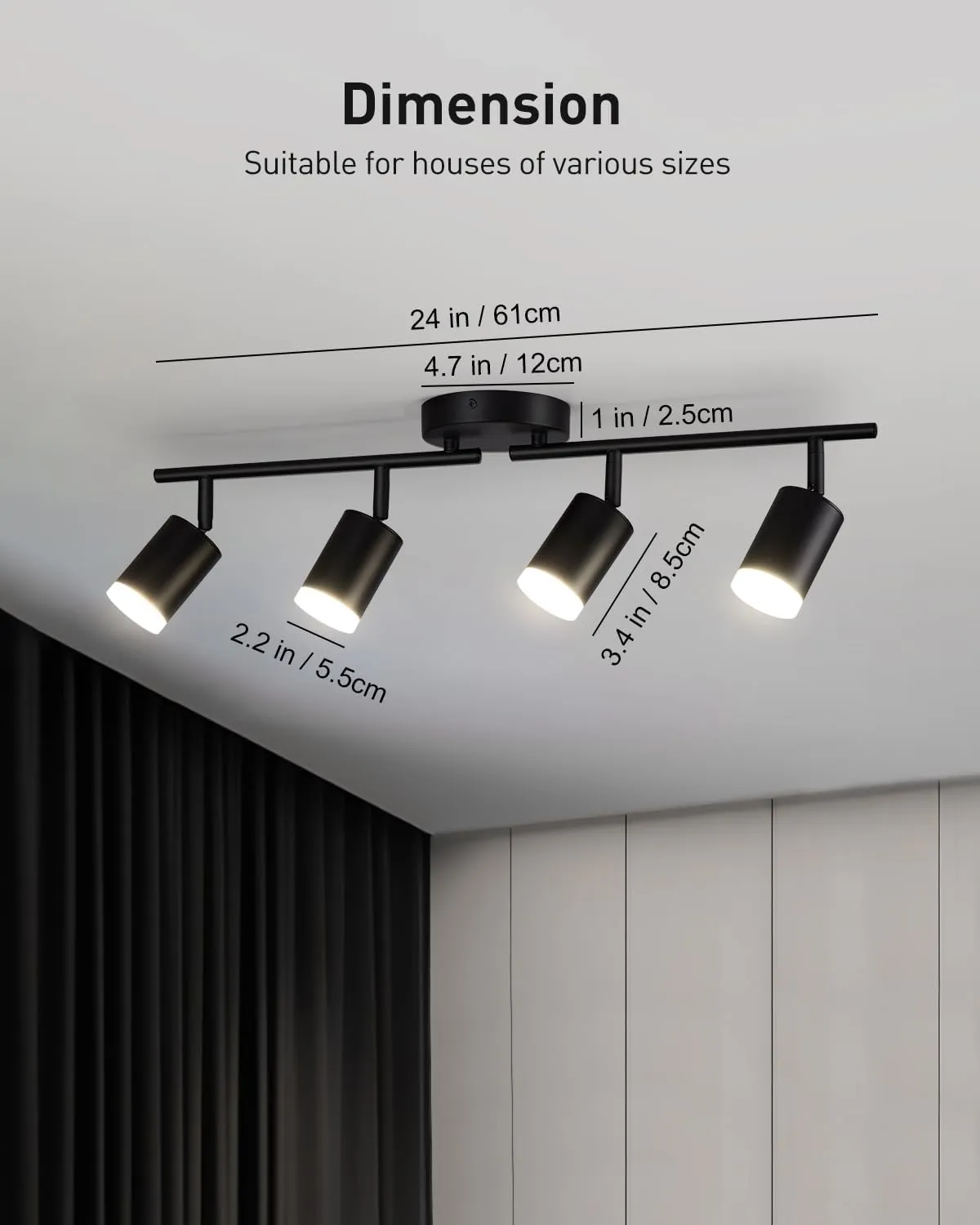 Bojim Flexible Led Track Lighting, 4-Light Black Track Lighting Fixtures Ceiling, Ceiling Spotlight with Foldable Light Arms for Kitchen, Closet, Bedroom(GU10 Socket, Bulbs Not Included)