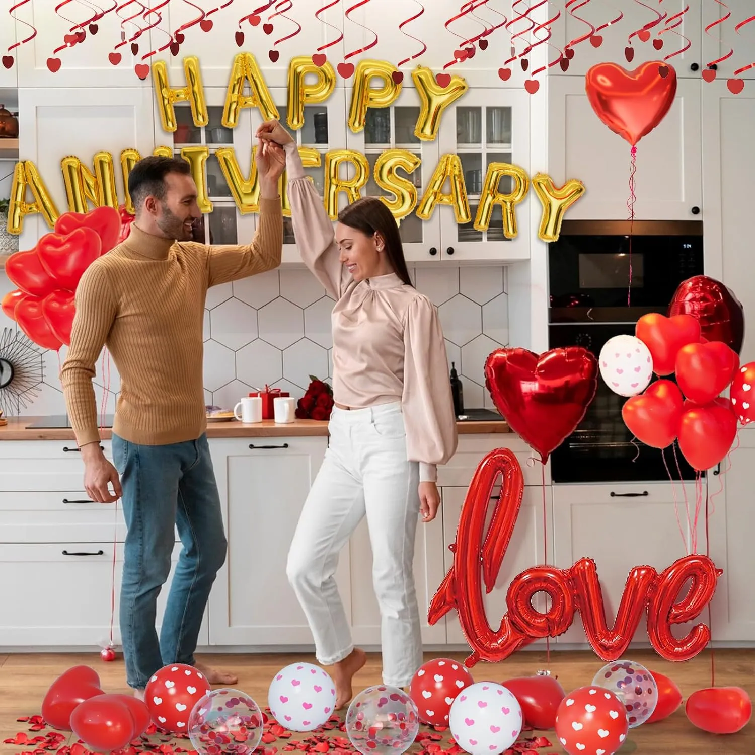 Bonropin Red Valentine's Day Balloons Kit, Anniversary Decorations with Happy Anniversary Banner, Heart Balloons, Rose Petals & Glue