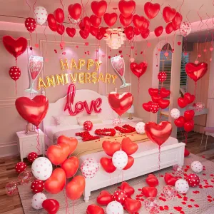 Bonropin Red Valentine's Day Balloons Kit, Anniversary Decorations with Happy Anniversary Banner, Heart Balloons, Rose Petals & Glue