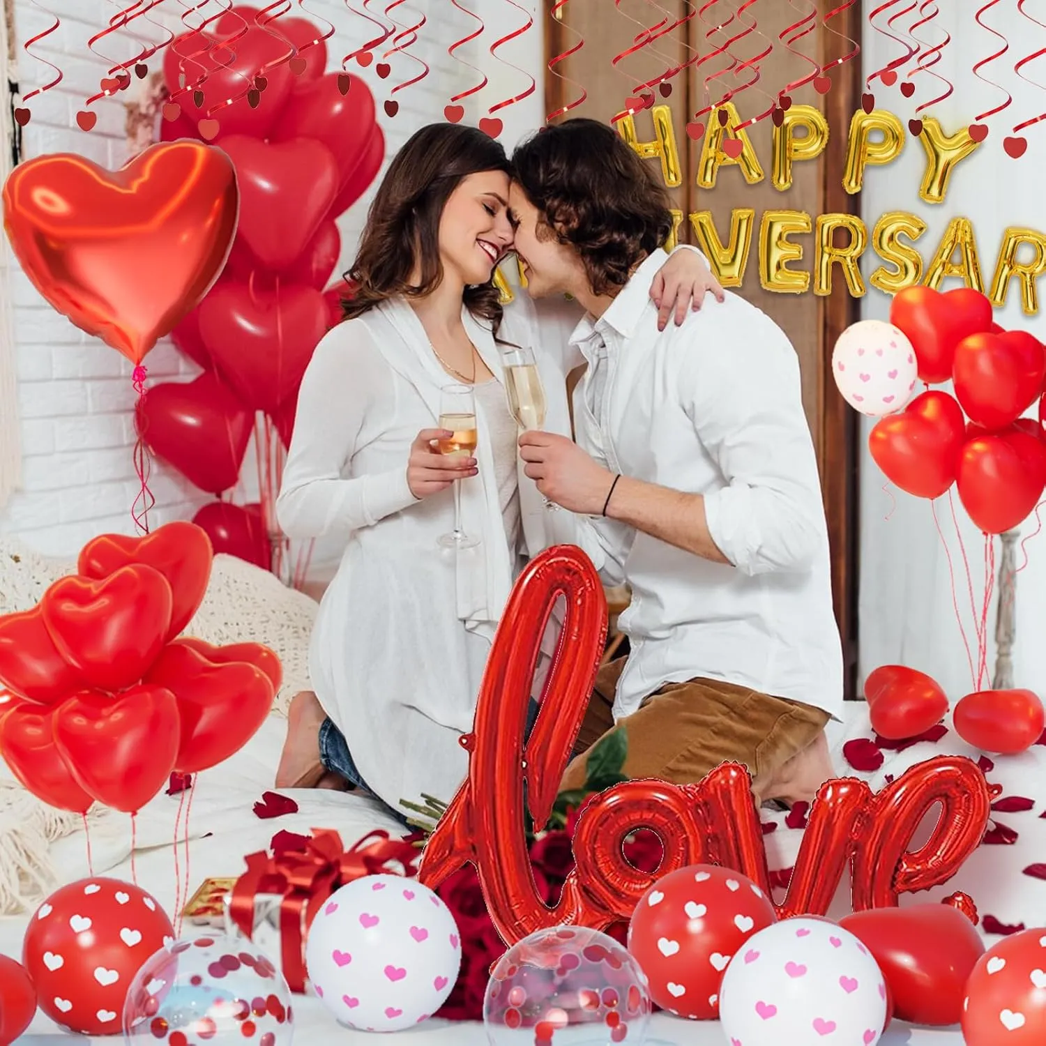 Bonropin Red Valentine's Day Balloons Kit, Anniversary Decorations with Happy Anniversary Banner, Heart Balloons, Rose Petals & Glue