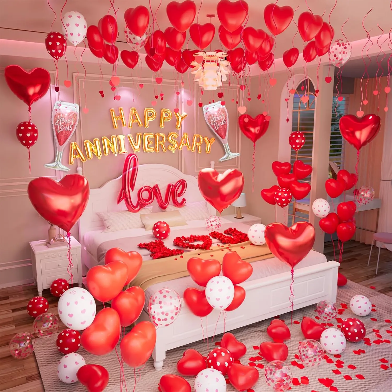 Bonropin Red Valentine's Day Balloons Kit, Anniversary Decorations with Happy Anniversary Banner, Heart Balloons, Rose Petals & Glue