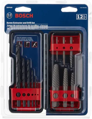 BOSCH BSPE6D 12-Piece Assorted Set Spiral Flute High-Carbon Steel Screw Extractor & Black Oxide Drill Bits Ideal for Removing Stripped Screws, Bolts, Fasteners