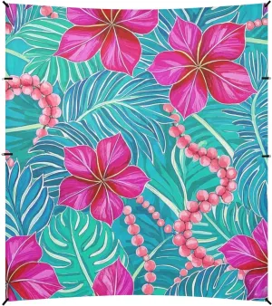 Bright Tropical Leaf Flower Blue Magenta Beach Tent & Canopy UPF50  Water-Resistant Sun Shade with Sandbags & Sand Shovel for Camping, Picnics, Backyard & Fishing