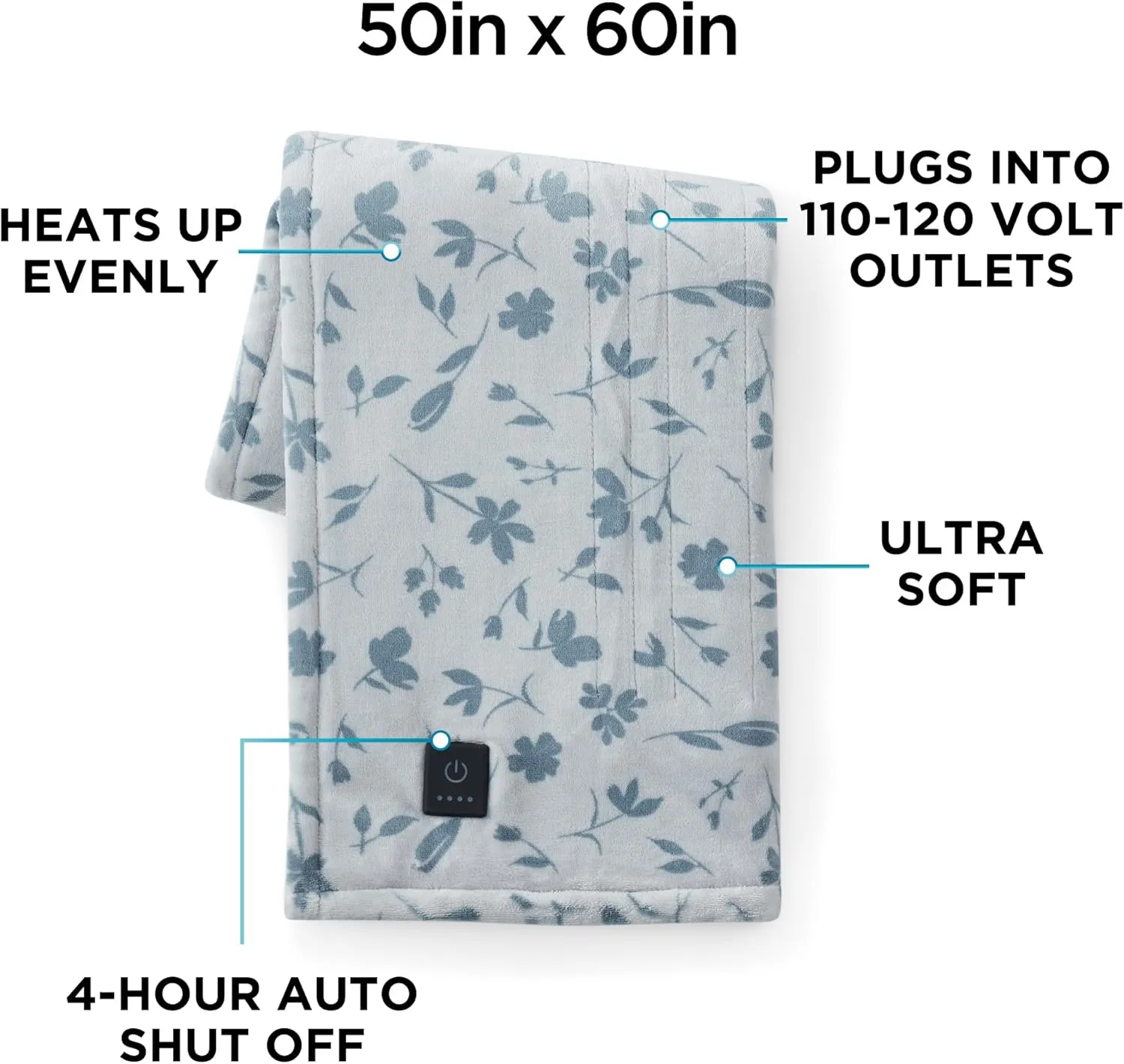 Brookstone Heated Throw Blanket - Heat Blankets Electric - Faux Fur Heated Throw Blanket- 4 Heat Settings, 4-Hour Auto Shut Off, 100% Polyester, 50"x60" - Floral