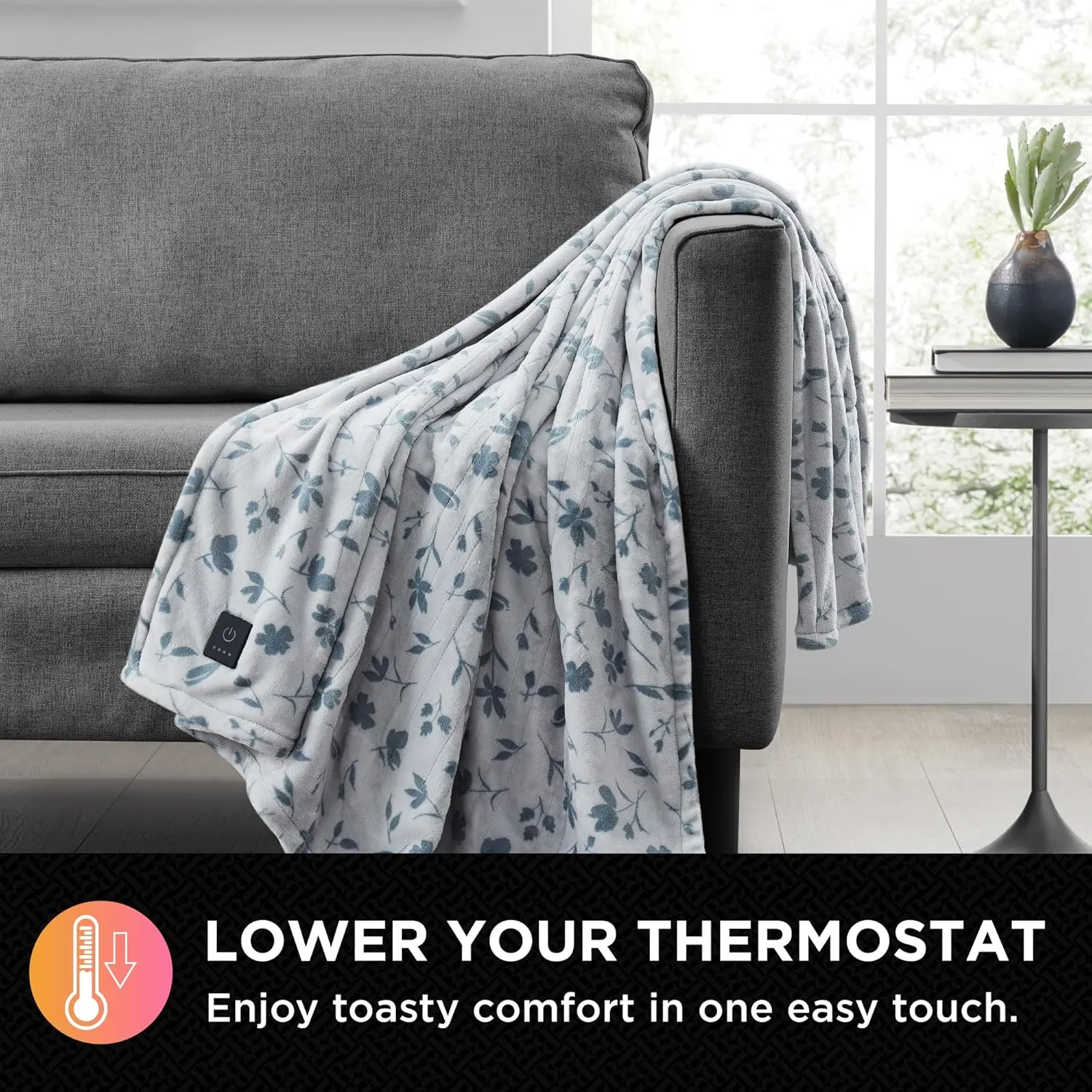 Brookstone Heated Throw Blanket - Heat Blankets Electric - Faux Fur Heated Throw Blanket- 4 Heat Settings, 4-Hour Auto Shut Off, 100% Polyester, 50"x60" - Floral