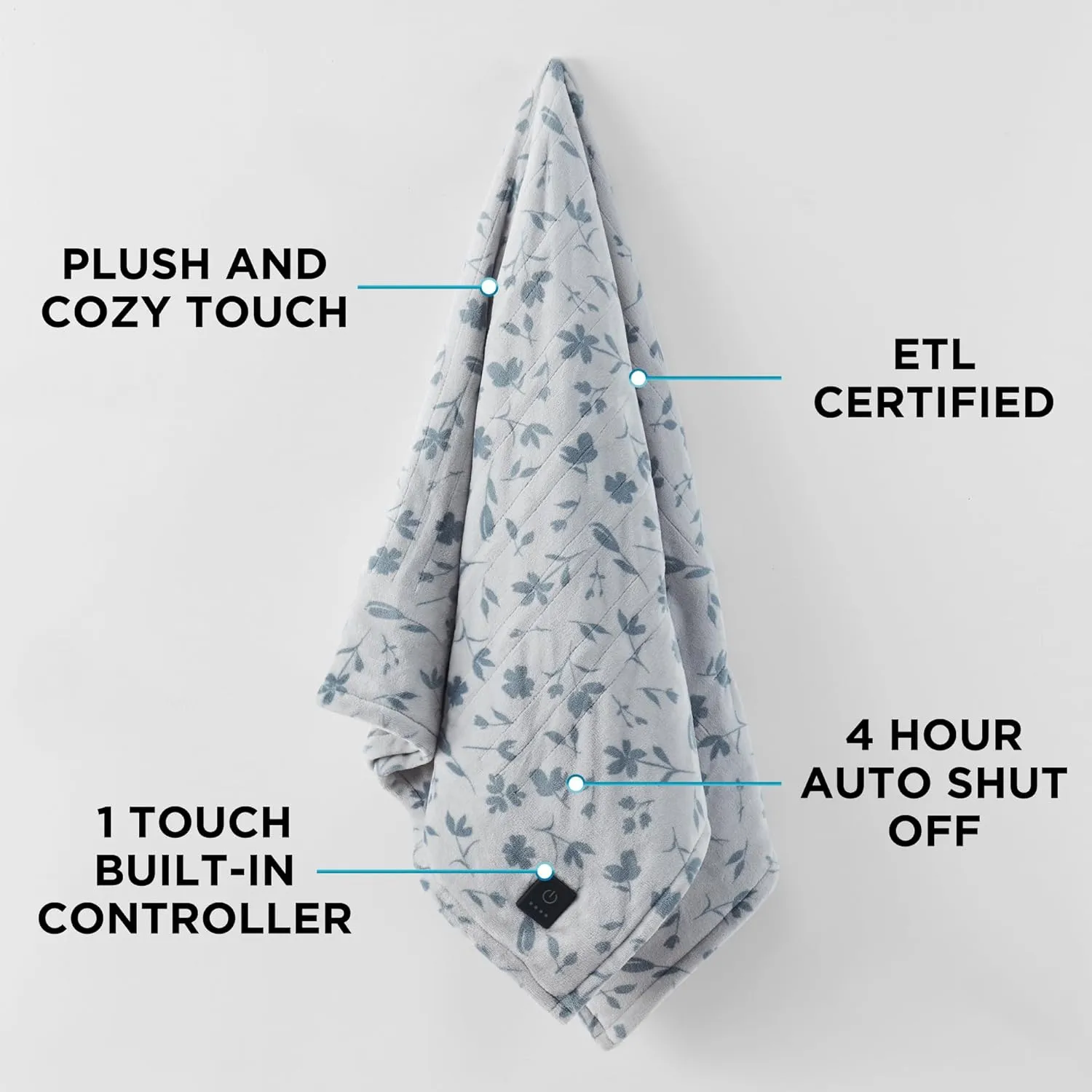 Brookstone Heated Throw Blanket - Heat Blankets Electric - Faux Fur Heated Throw Blanket- 4 Heat Settings, 4-Hour Auto Shut Off, 100% Polyester, 50"x60" - Floral