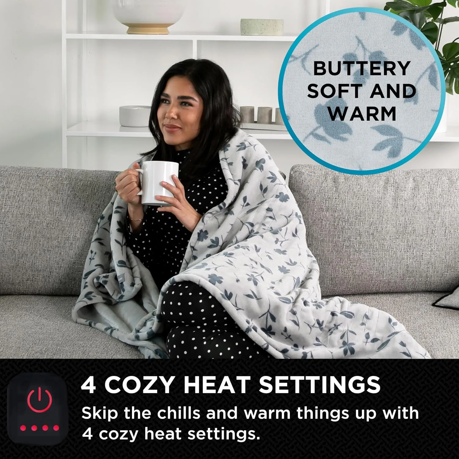 Brookstone Heated Throw Blanket - Heat Blankets Electric - Faux Fur Heated Throw Blanket- 4 Heat Settings, 4-Hour Auto Shut Off, 100% Polyester, 50"x60" - Floral