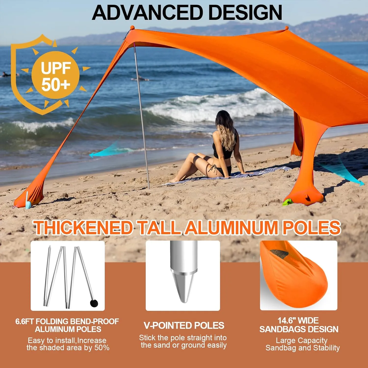 Buheco Beach Tent Pop Up Shade 7x7.5ft Beach Canopy Sun Shelter UPF50  with 4 Foldable Poles-Portable Carrying Bag-Sand Shovel-Ground Pegs-Windproof Ropes for Outdoor Family Camping-Fishing- Picnic