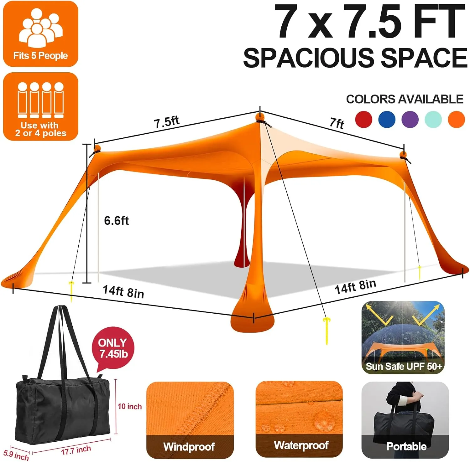 Buheco Beach Tent Pop Up Shade 7x7.5ft Beach Canopy Sun Shelter UPF50  with 4 Foldable Poles-Portable Carrying Bag-Sand Shovel-Ground Pegs-Windproof Ropes for Outdoor Family Camping-Fishing- Picnic
