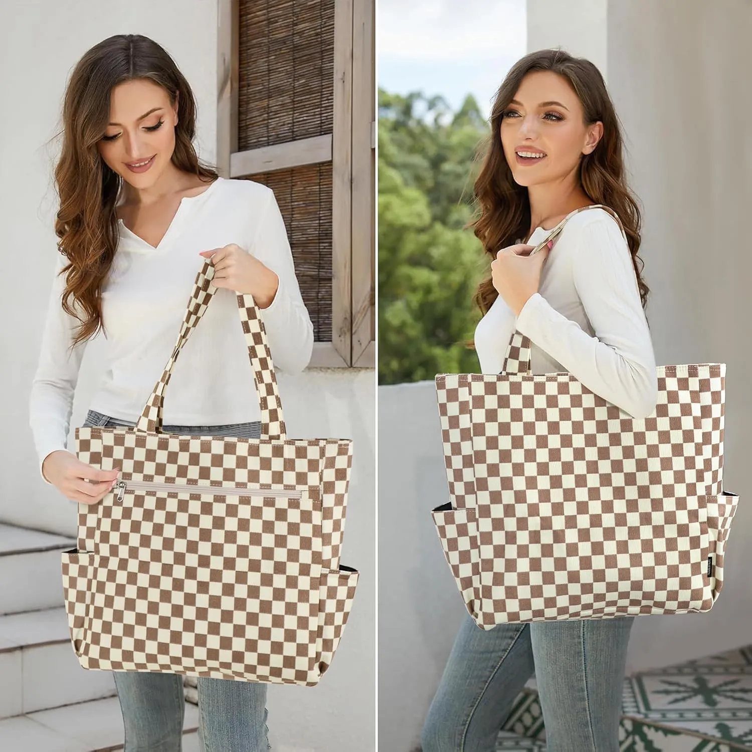 Buringer Corduroy Tote Bag for Women Large Shoulder Bag with Zipper and Pockets for Travel Gym Vacation