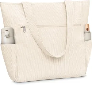 Buringer Corduroy Tote Bag for Women Large Shoulder Bag with Zipper and Pockets for Travel Gym Vacation