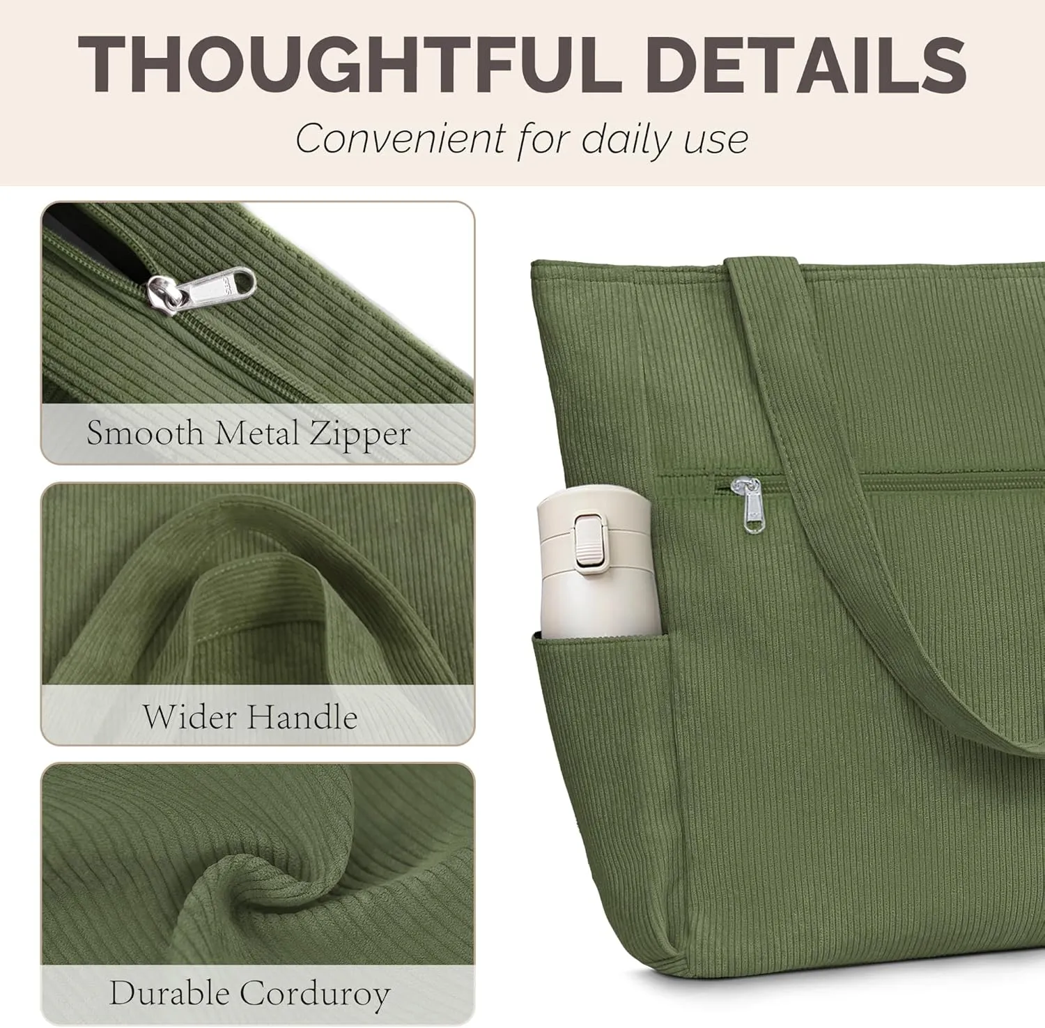 Buringer Corduroy Tote Bag for Women Large Shoulder Bag with Zipper and Pockets for Travel Gym Vacation